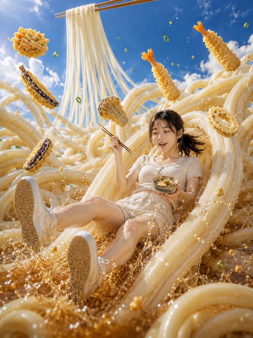 A young woman slides down a giant udon noodle slide, surrounded by tempura and a blue sky, holding chopsticks and a bowl.