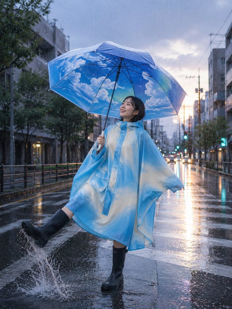 A young woman in a blue and white rain poncho and black boots splashes in a puddle on a city street while holding a cloud-patterned umbrella during a rainy day.