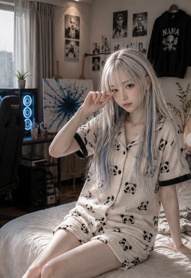 A young woman with long silver and blue hair, wearing panda-patterned pajamas, sits on a bed in a room with posters on the wall.