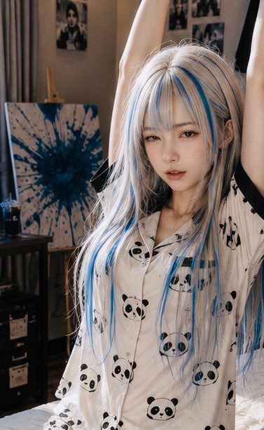 A woman with long white and blue hair, wearing panda-patterned pajamas, stretches indoors.