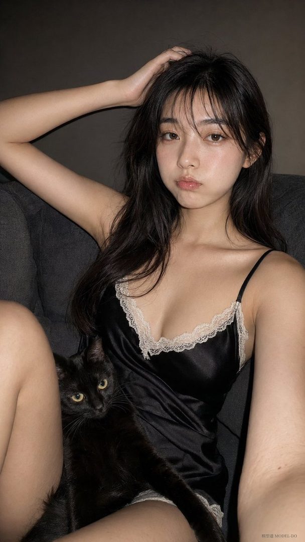 A young woman with long black hair and a black lace-trimmed camisole poses indoors with a black cat.
