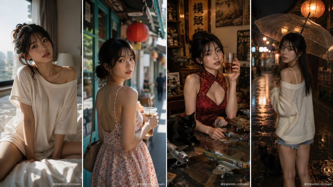 A collage of four photorealistic portraits of an East Asian woman in different settings and outfits, including a casual indoor shot, an outdoor street scene, an indoor bar setting in a red dress, and an outdoor rainy night scene with an umbrella.