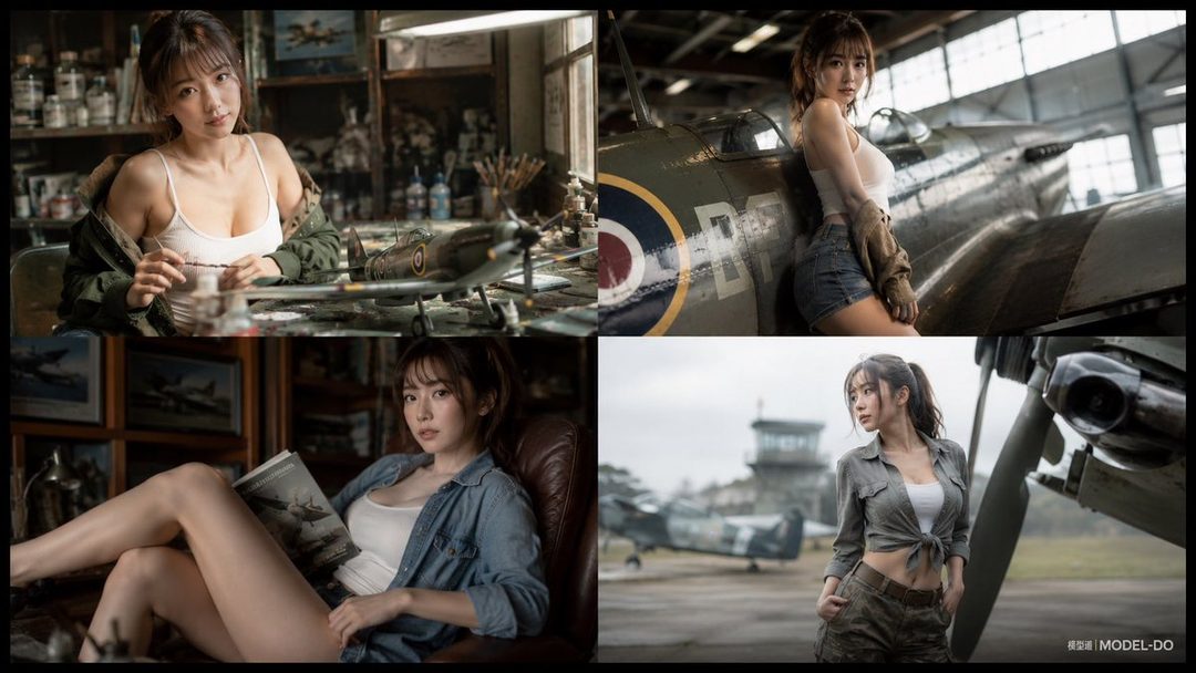 A collage of four photorealistic images featuring an East Asian woman in various casual outfits, posing with model airplanes and a real airplane.