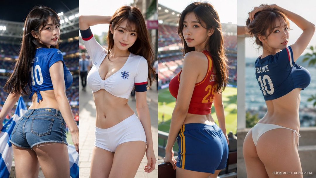 Four women in different national soccer team jerseys and shorts or bikini bottoms pose in various outdoor settings, including a stadium and by the sea.