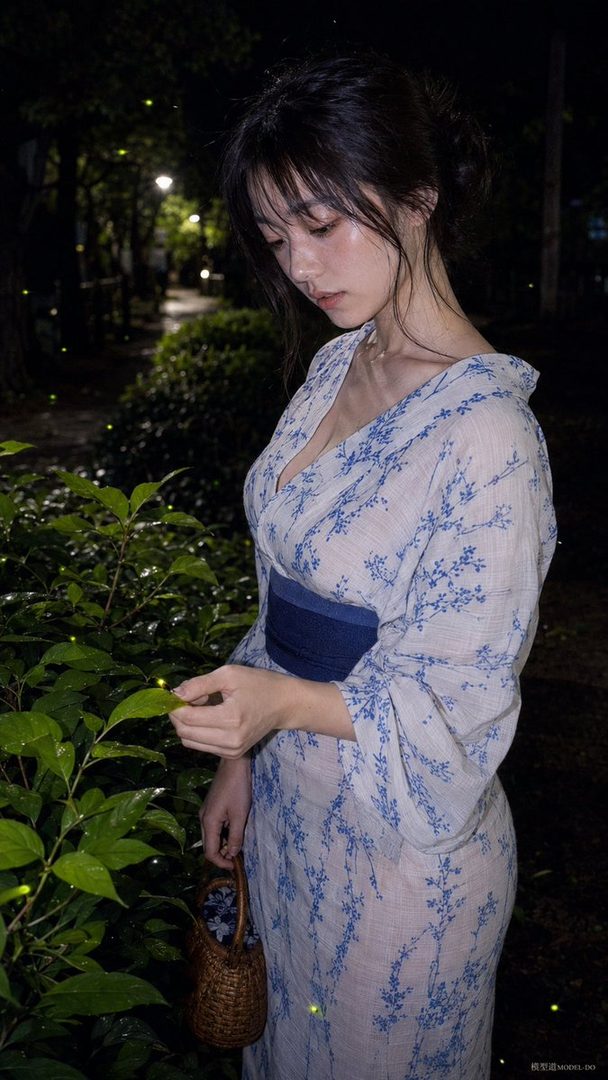 A young woman in a light blue yukata stands outdoors at night, gently touching a leaf, with fireflies glowing around her.