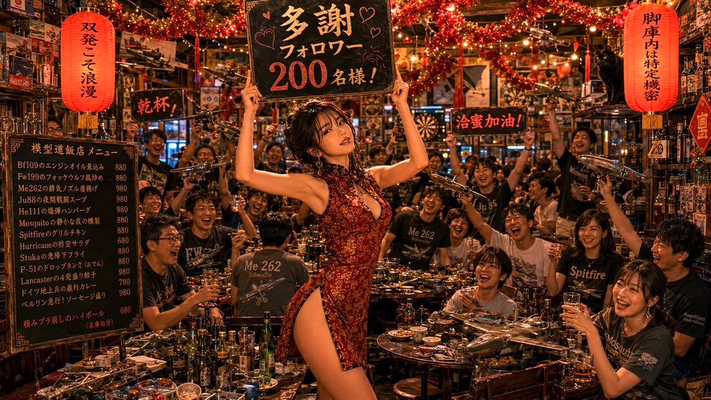 A woman in a red cheongsam holds a sign in a crowded, festive Japanese bar, celebrating 200 followers.