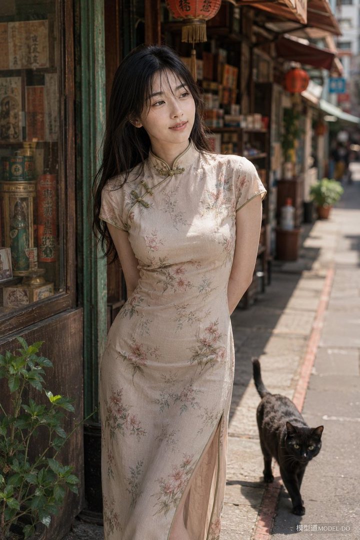 A beautiful East Asian woman in a floral cheongsam stands on a sunny street with a black cat walking by.