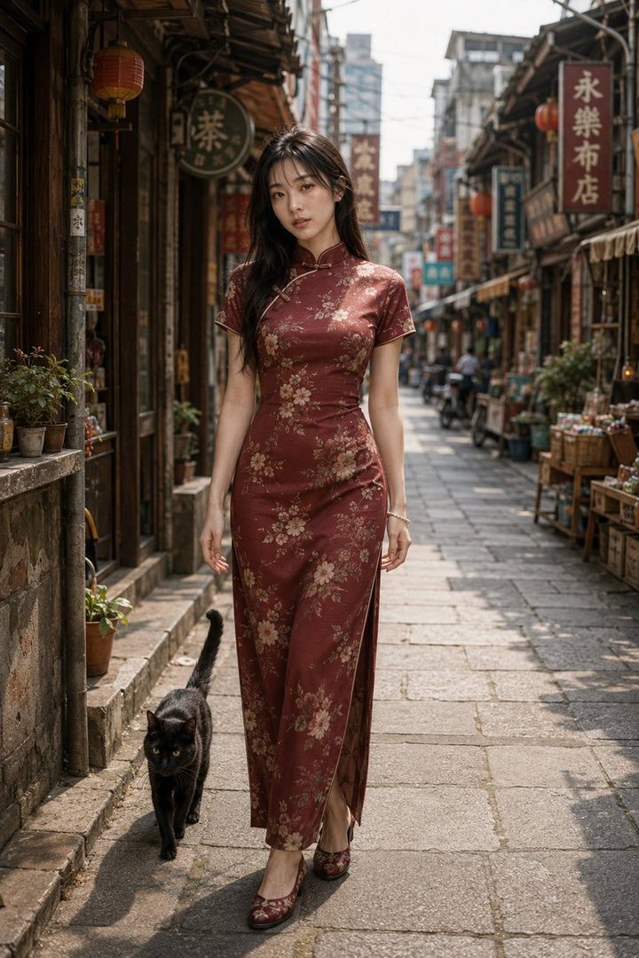 A young woman in a traditional Chinese dress (qipao) walks down a narrow street with a black cat following her.