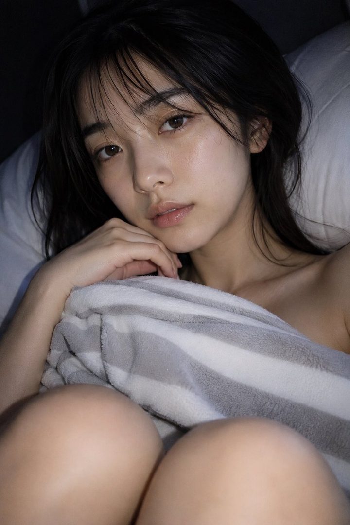 A photorealistic portrait of a young East Asian woman with black hair and bangs, lying in bed under a striped blanket, looking directly at the camera.