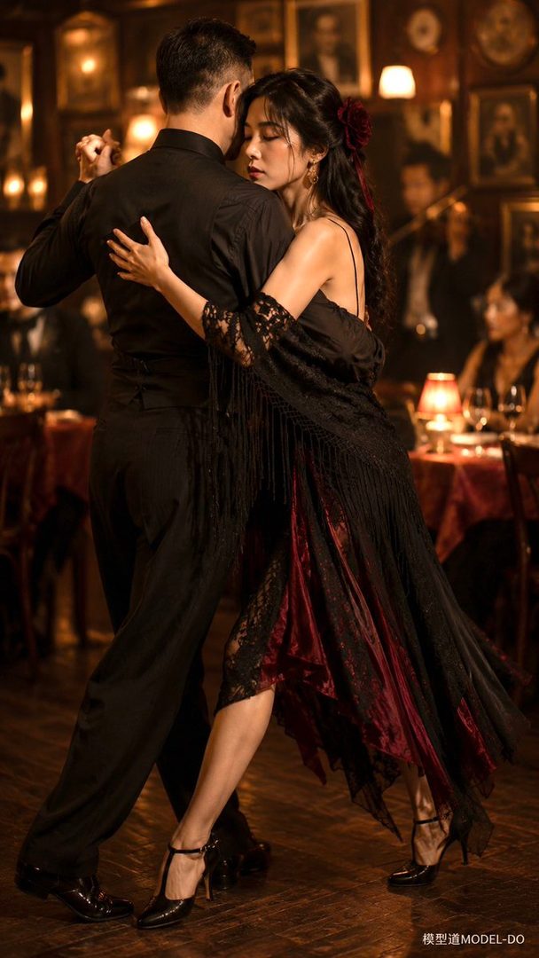 A photorealistic image of a couple dancing tango in a dimly lit, elegant indoor setting.