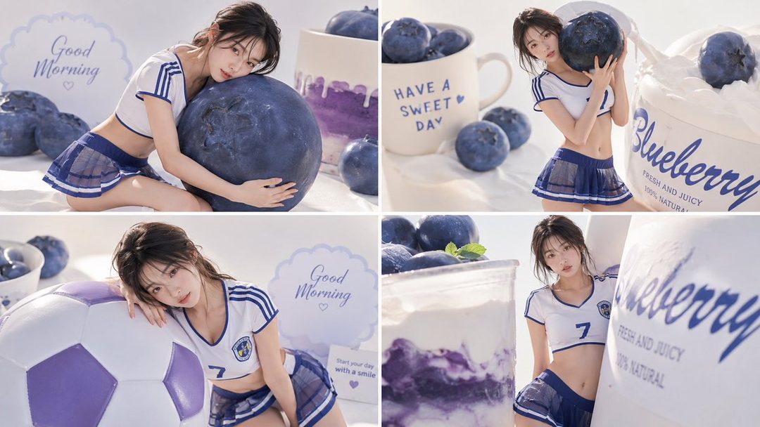 A young woman in a blue and white sports uniform poses with oversized blueberries and a soccer ball.