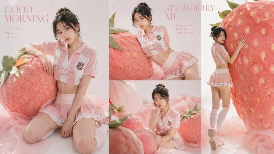A young woman in a pink striped crop top and pleated skirt poses with large strawberry props in a studio setting.