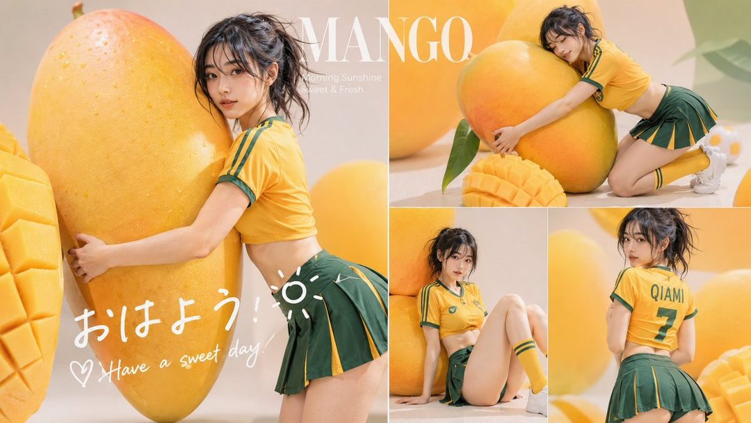 A young woman in a yellow and green sports outfit poses with large mango props in a studio setting.