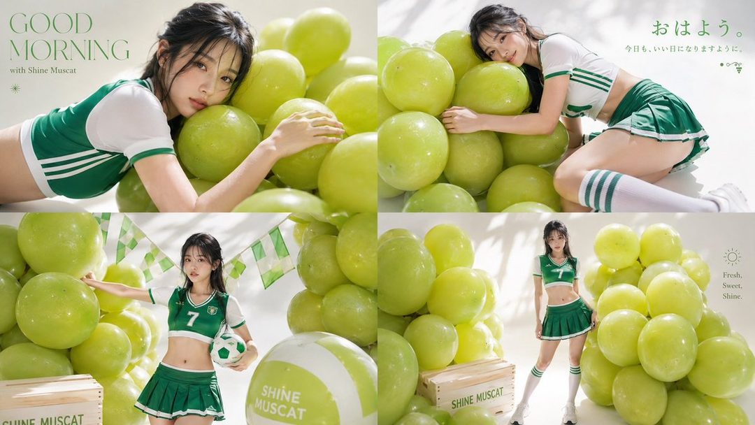 A young woman in a green and white sports uniform poses with large green grapes in a studio setting.