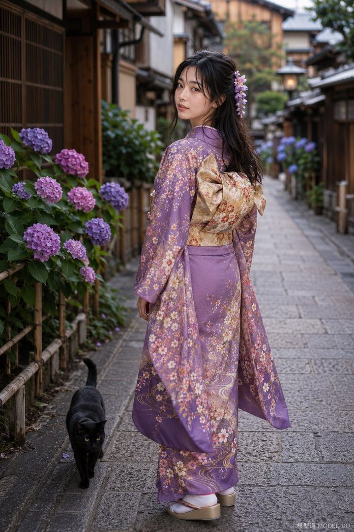 A young woman in a purple floral kimono stands on a traditional Japanese street with a black cat walking beside her, surrounded by hydrangeas.