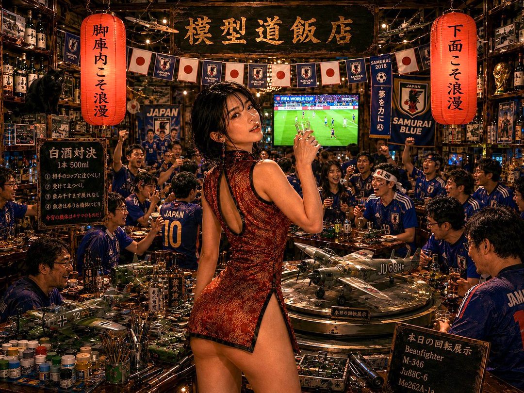 A woman in a red cheongsam poses in a crowded Japanese bar with model airplanes, while a soccer game plays on a TV in the background.