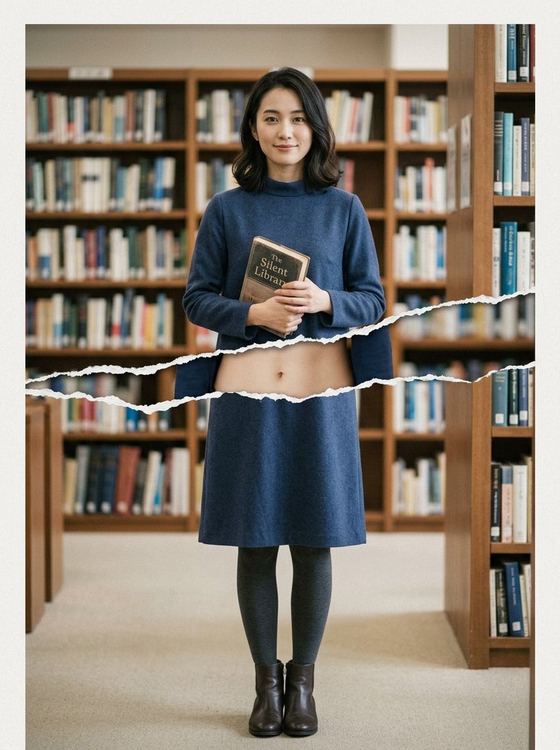 A woman with black hair stands in a library, holding a book, with a torn paper effect revealing her midriff.