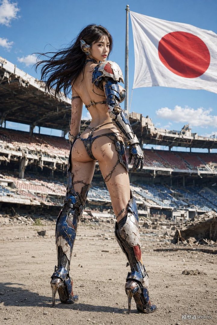 A woman in futuristic armor and high heels stands in a ruined stadium with a Japanese flag in the background.