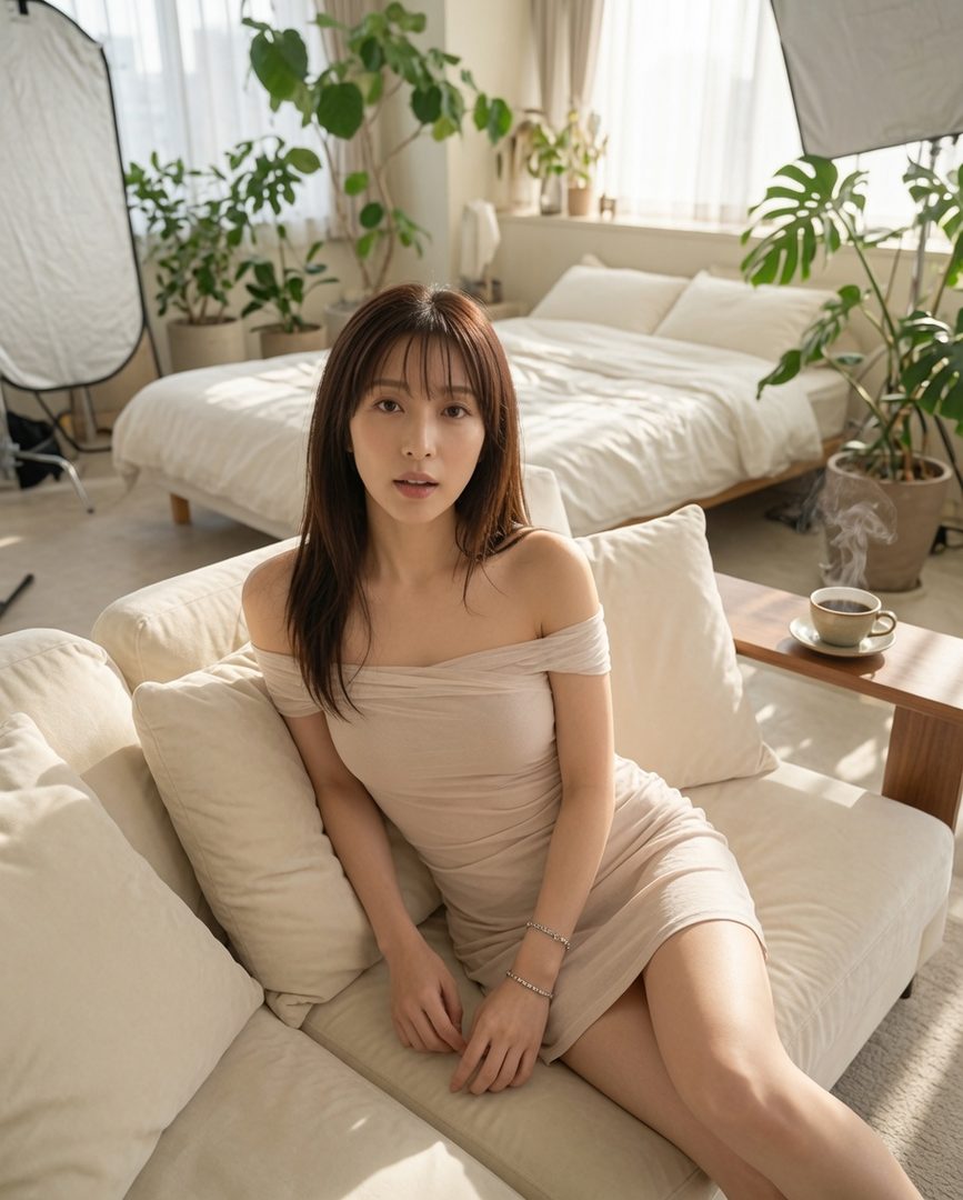 A photorealistic portrait of a Japanese woman with long brown hair and bangs, wearing an off-shoulder dress, sitting on a sofa in a bright indoor studio with plants and a bed in the background.