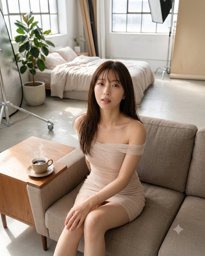 A Japanese woman with long brown hair and bangs, wearing an off-shoulder mini dress, sits on a sofa in a bright studio with a coffee cup on a side table.