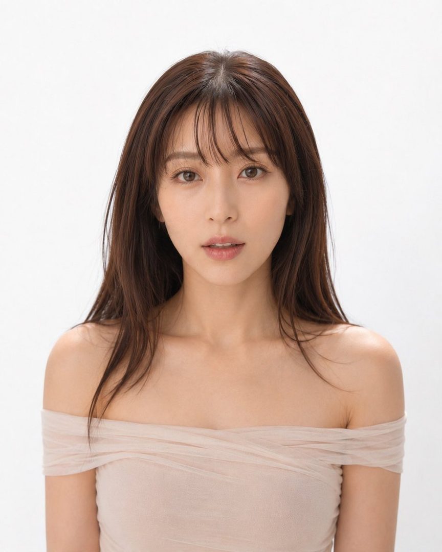 A photorealistic portrait of a Japanese woman with long brown hair and bangs, wearing an off-shoulder top, looking directly at the camera in a studio setting.