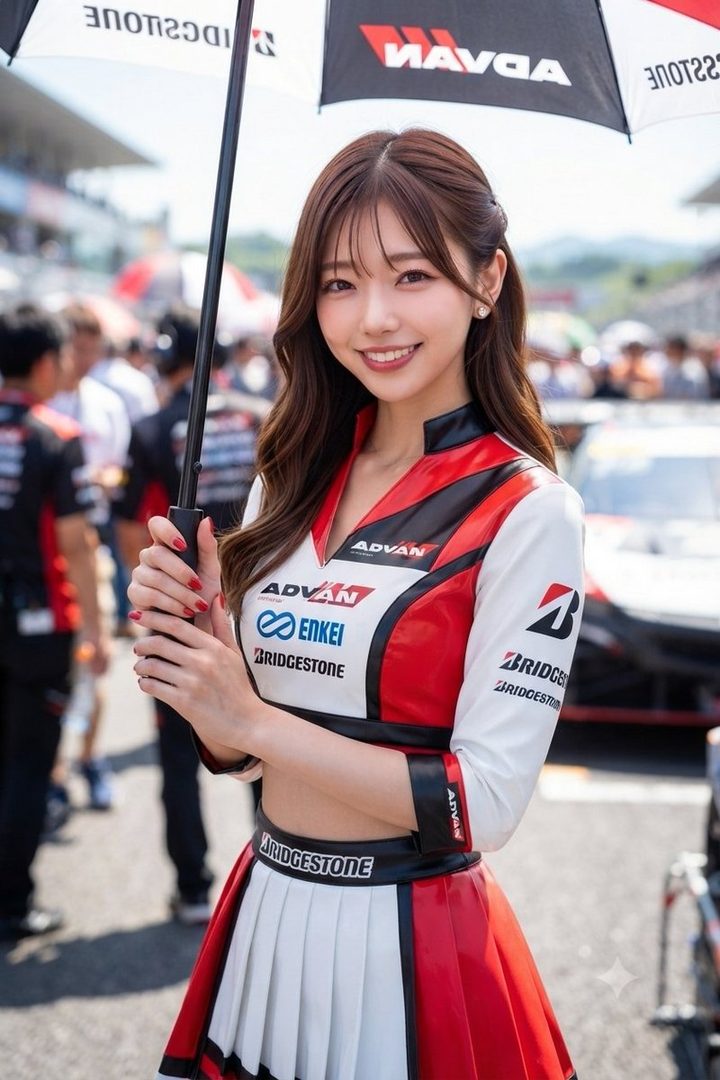 A smiling race queen in a red and white uniform holds an umbrella at a racetrack.