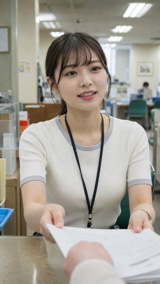 A young woman with brown hair and bangs, wearing a white and grey short-sleeved top and a lanyard, is smiling and handing documents to someone in an office setting.