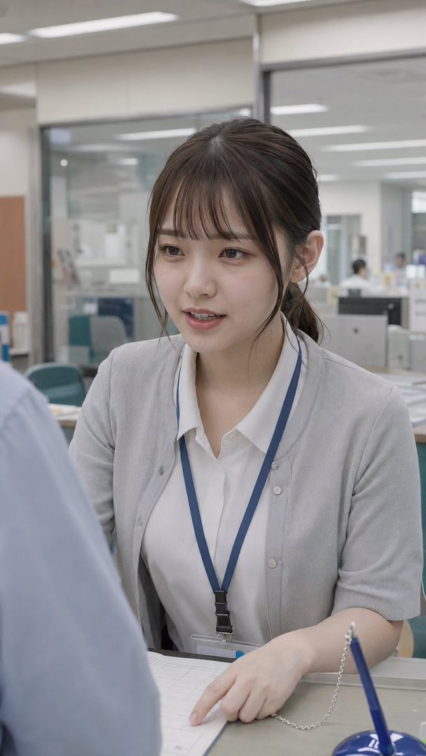 A young woman with brown hair and bangs, wearing a white blouse and grey cardigan, is in an office setting, pointing at a document.