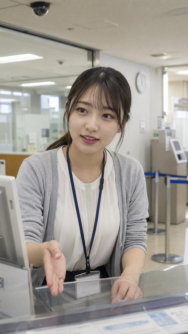 A young woman with brown hair and bangs, wearing a white blouse and grey cardigan, stands at a counter in an office setting, extending her hand.