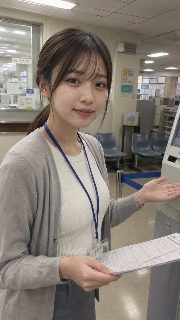A young woman with brown hair tied in a ponytail and bangs, wearing a grey cardigan over a white knit top, holding papers and gesturing towards a machine in an indoor office setting.
