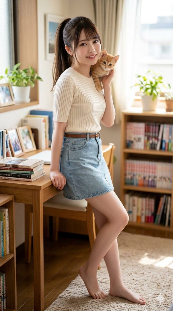 A young woman with dark hair in a ponytail, wearing a cream ribbed top and a denim mini skirt, smiles while holding a small orange kitten on her shoulder in a cozy room with bookshelves.