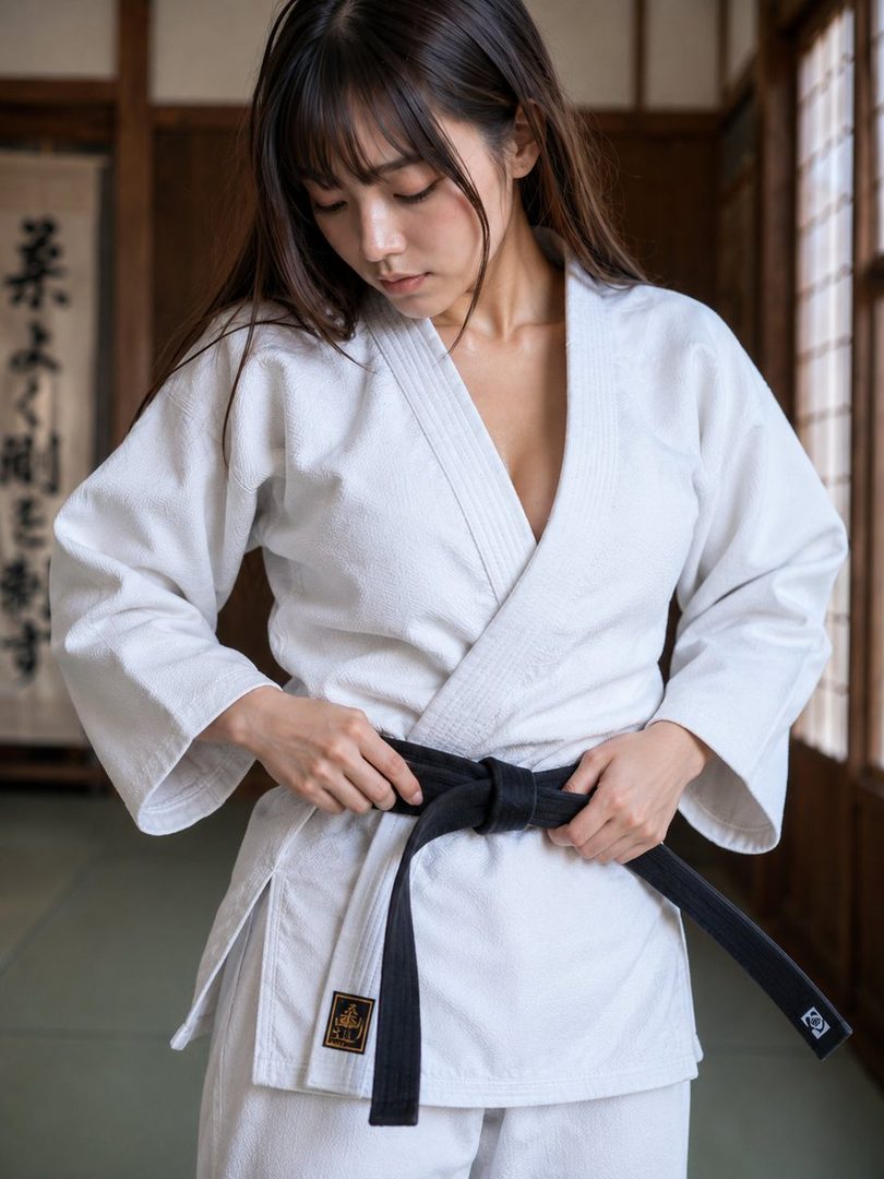 A young woman in a white judogi is tying her black belt indoors, looking down with a focused expression.