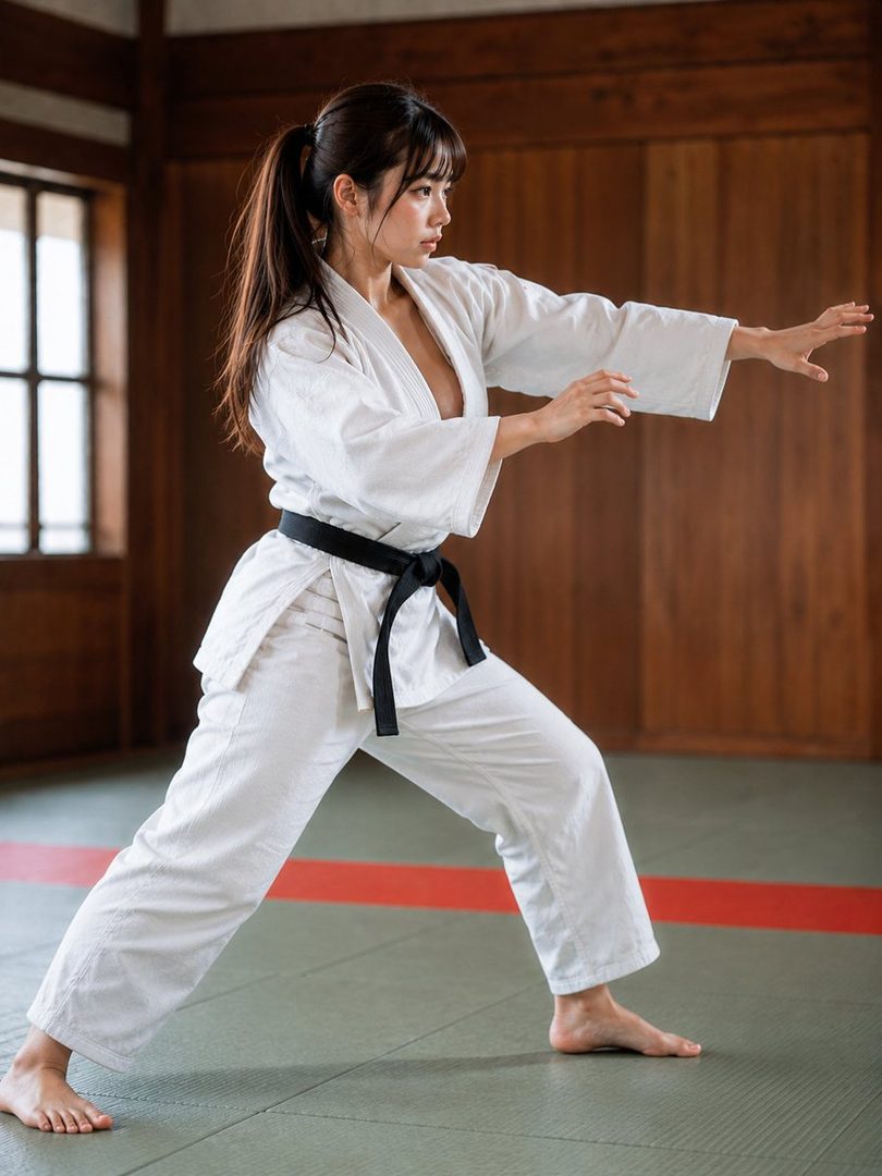 A woman with brown hair in a ponytail and bangs, wearing a white martial arts gi with a black belt, strikes a pose indoors.