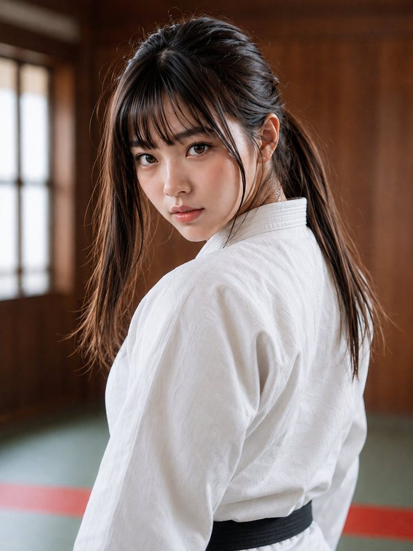 A young woman with long brown hair and bangs, wearing a white martial arts gi with a black belt, looks over her shoulder indoors.