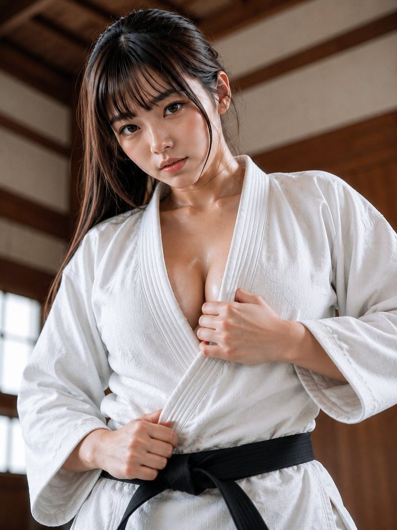 A photorealistic portrait of a young woman with long brown hair and bangs, wearing a white martial arts gi with a black belt, looking directly at the camera.