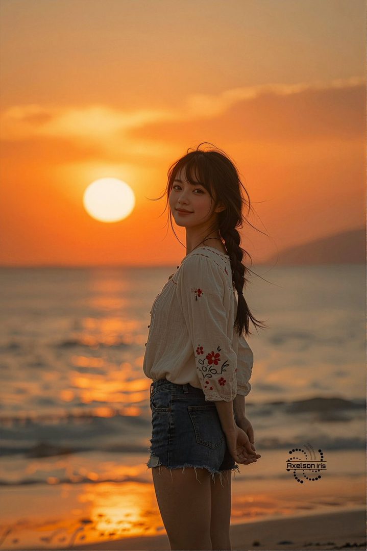 A young woman with braided hair and bangs stands on a beach at golden hour, wearing a white embroidered top and denim shorts, looking back at the camera with a gentle smile.