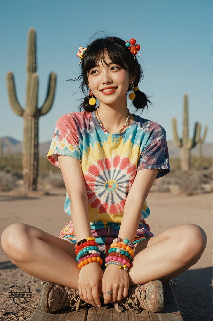 A young woman with black hair in pigtails and bangs, wearing a colorful tie-dye t-shirt and many bracelets, sits outdoors in a desert landscape with cacti.