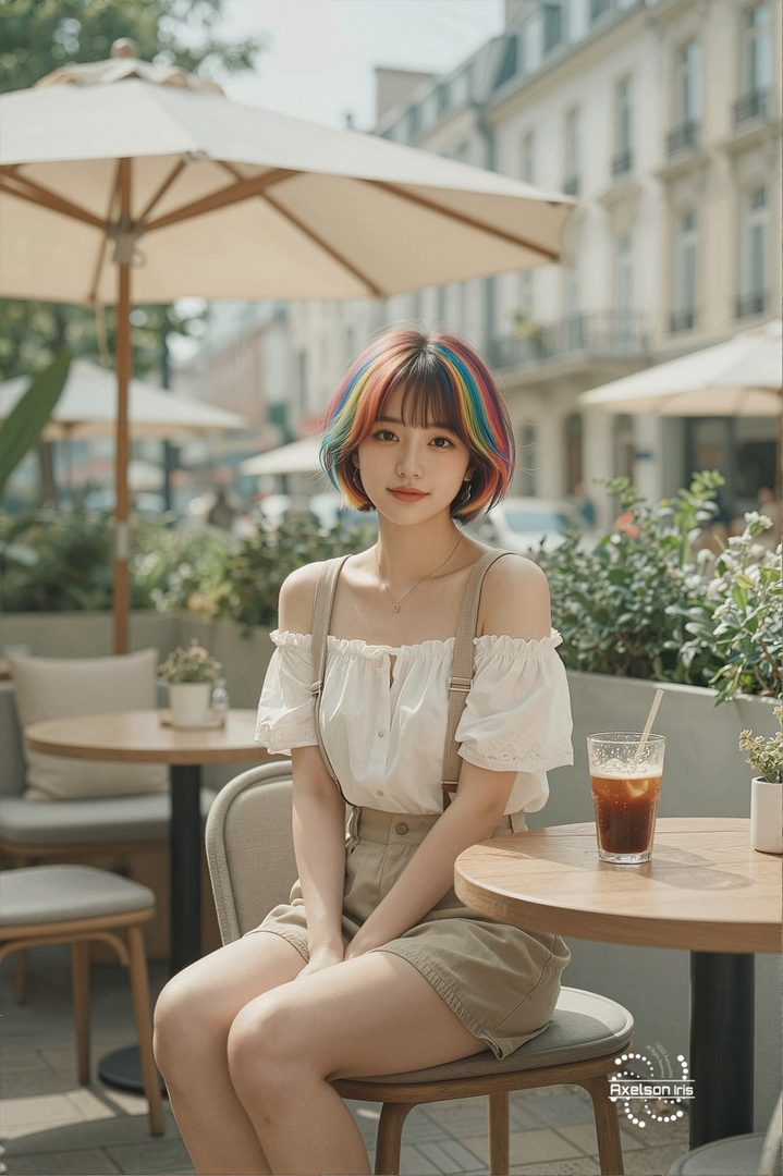 A young woman with short, rainbow-colored hair sits at an outdoor cafe table with a drink.