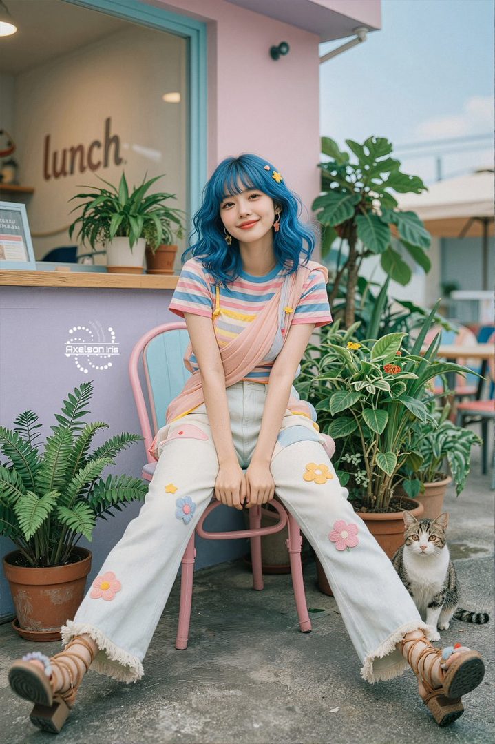 A young woman with blue curly hair and a striped shirt sits on a pink chair outside a cafe, with a cat beside her.