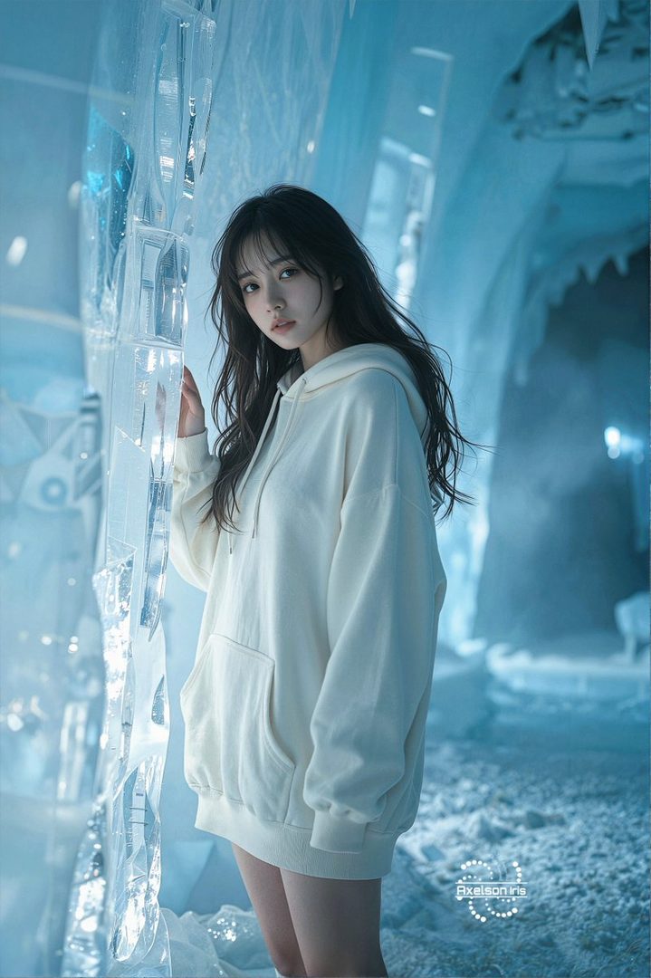 A young woman with long dark hair wears a white hoodie in an icy, blue-lit environment.