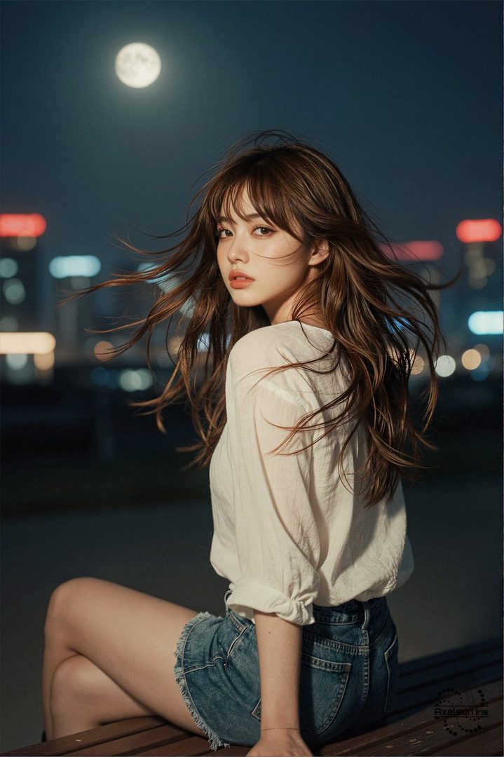 A photorealistic portrait of a young woman with long brown hair and bangs, wearing a white shirt and denim shorts, sitting outdoors at night with a full moon and city lights in the background.