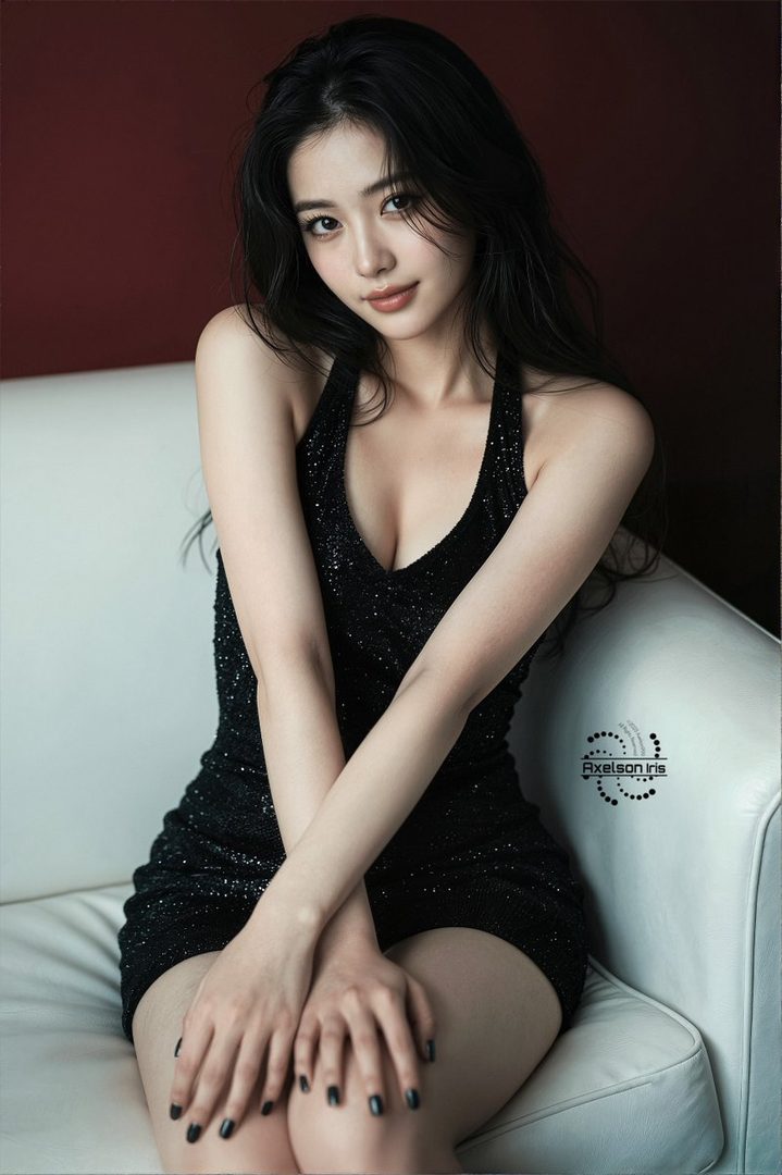 A beautiful woman with long black hair wearing a sparkling black dress sits on a white sofa.