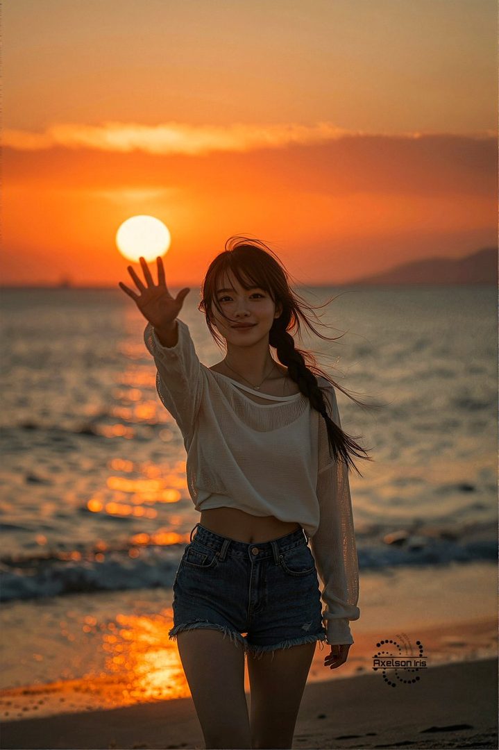 A young woman with a braided hairstyle stands on a beach at sunset, reaching out her hand towards the camera.