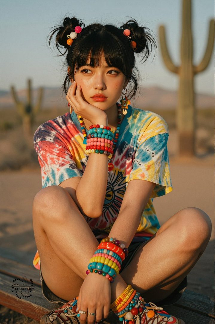 A young woman with black hair in space buns and bangs, wearing a colorful tie-dye shirt and beaded jewelry, sits outdoors in a desert-like setting with cacti in the background.