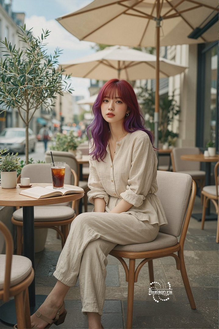 A woman with red and purple hair sits at an outdoor cafe table with a drink and a book.