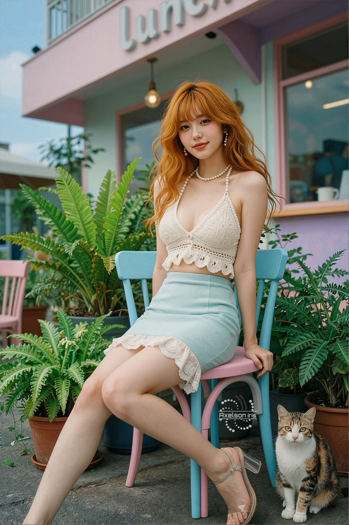 A young woman with red hair and a crochet top sits on a chair outdoors next to a cat.
