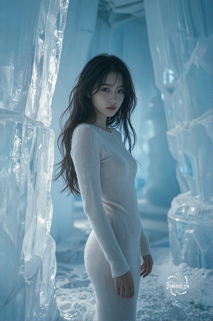 A woman with long dark hair wearing a white knit dress stands in an ice cave.