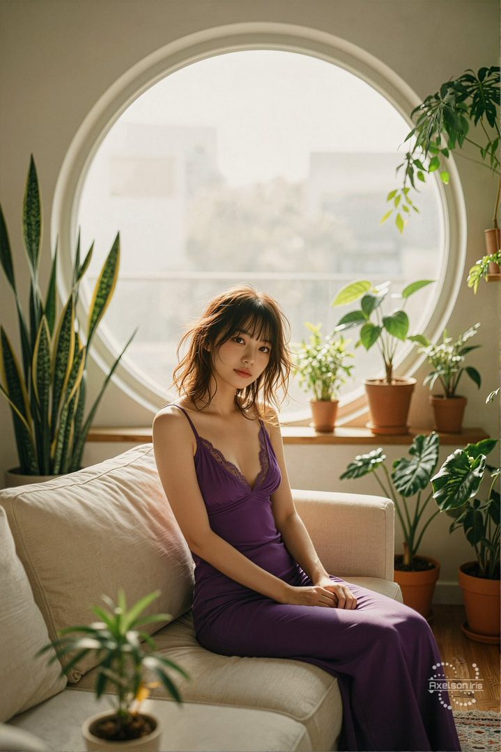 A young woman with brown hair and bangs, wearing a purple dress, sits on a sofa in a sunlit room with a round window and many potted plants.