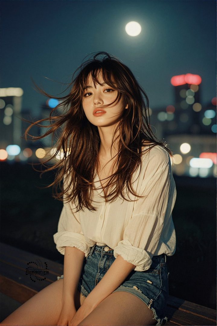A photorealistic portrait of a young woman with long brown hair and bangs, wearing a white shirt and denim shorts, sitting outdoors at night with city lights and a full moon in the background.