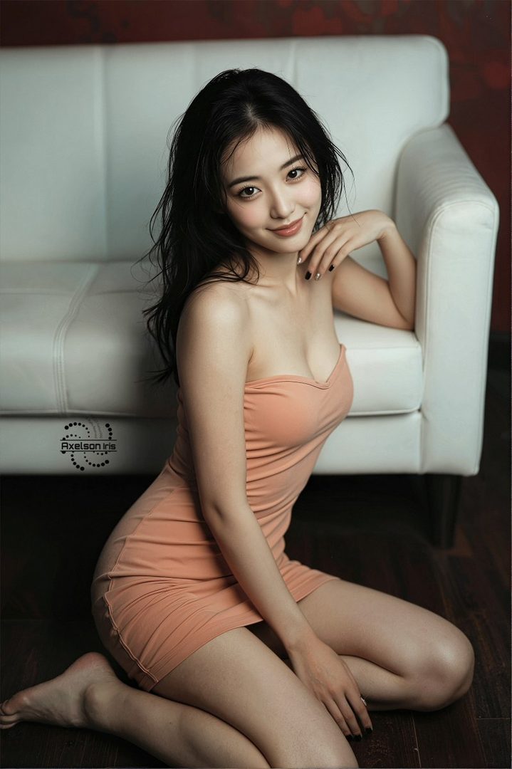 A beautiful East Asian woman with long black hair, wearing a peach-colored strapless dress, kneels on a wooden floor next to a white sofa, smiling at the camera.